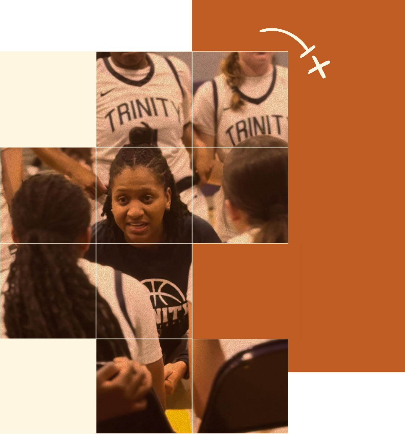 Group of young female basketball players in an indoor court, engaged in a conversation with Coach Joc during a team meeting.