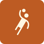 Graphic of a person playing ball, depicted with a simplified figure and motion lines on an orange background.