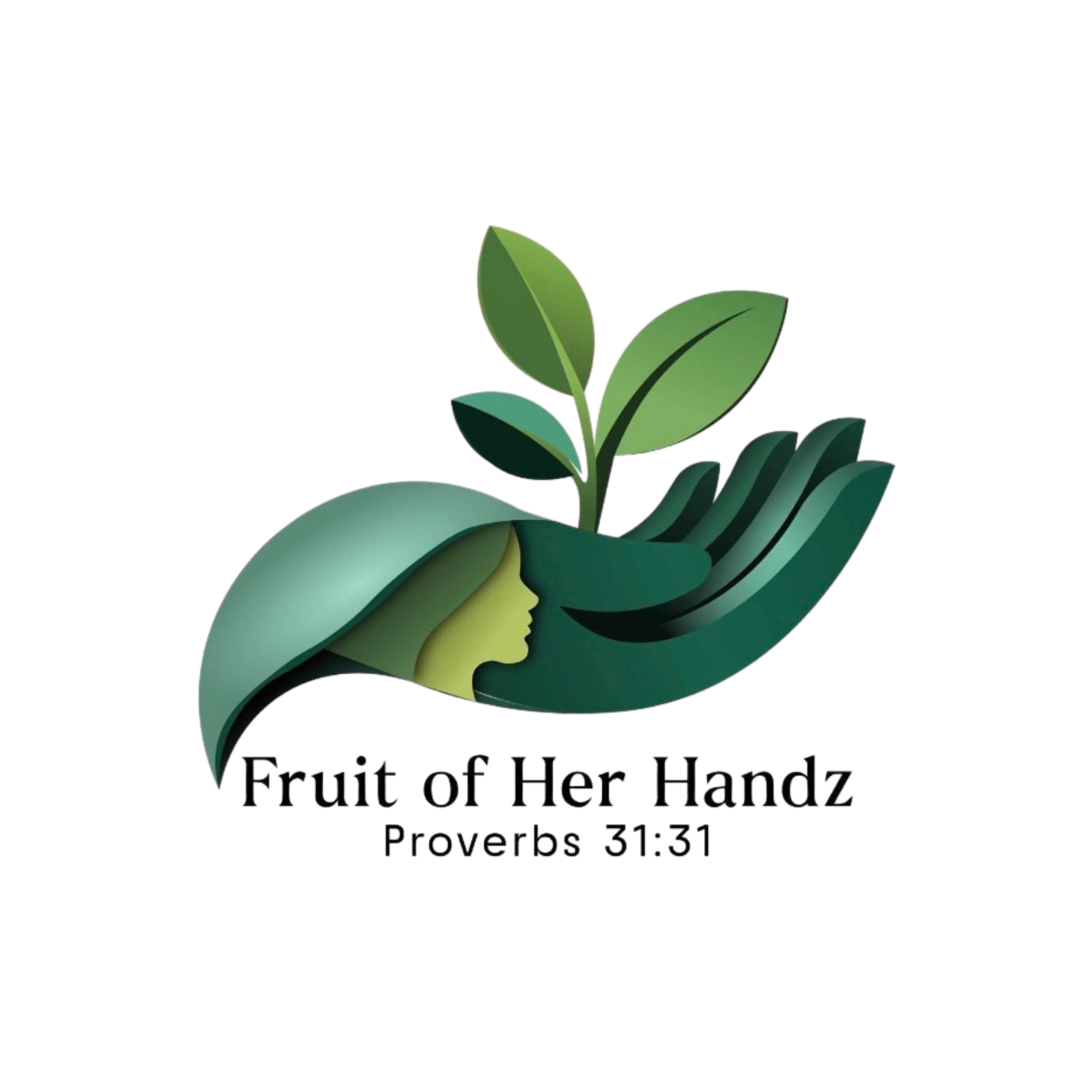Logo of Fruit of Her Hand with a stylized green plant and text indicating a Bible verse, Proverbs 31:13, about helping
