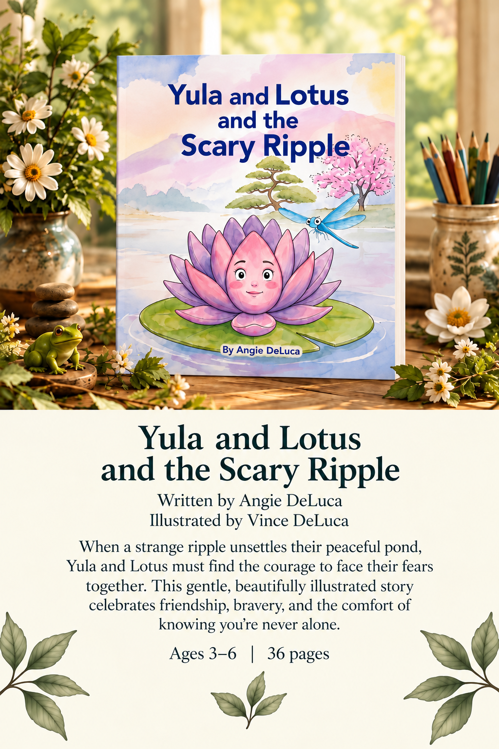 Children's picture book Yula and Lotus and the Scary Ripple by Angie DeLuca, featuring an illustrated pink lotus character in a colorful pond setting.