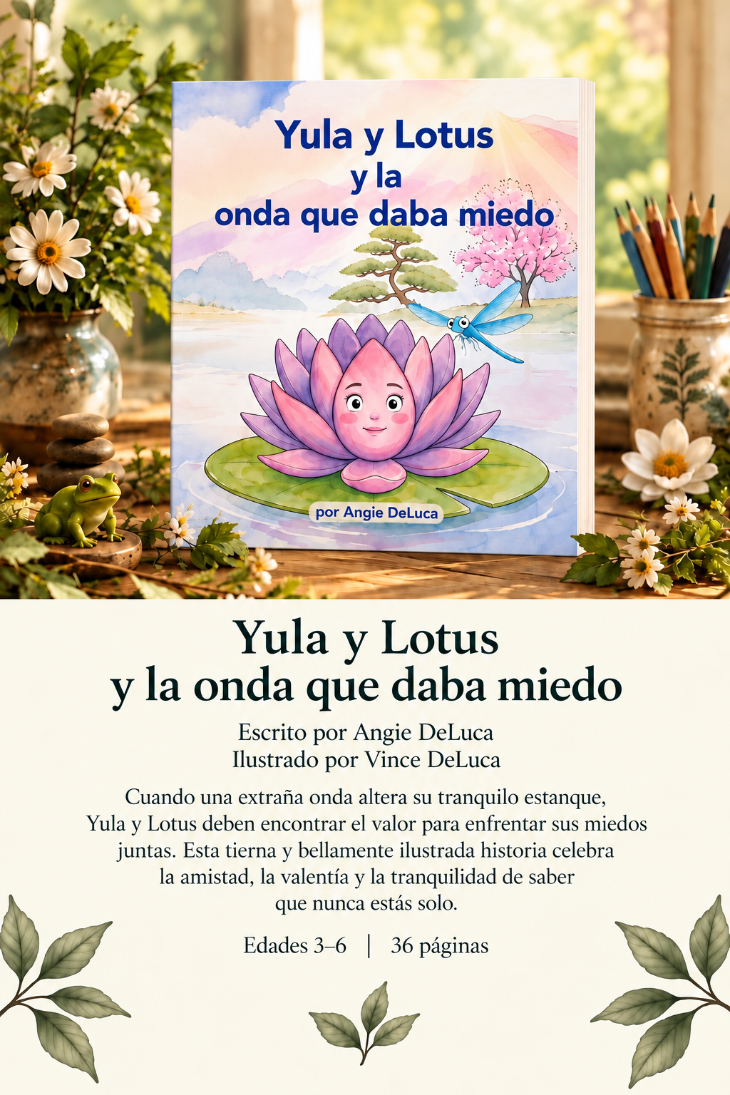 Libro infantil ilustrado Yula y Lotus y la onda que daba miedo de Angie DeLuca, con un personaje de loto rosa en un colorido estanque.