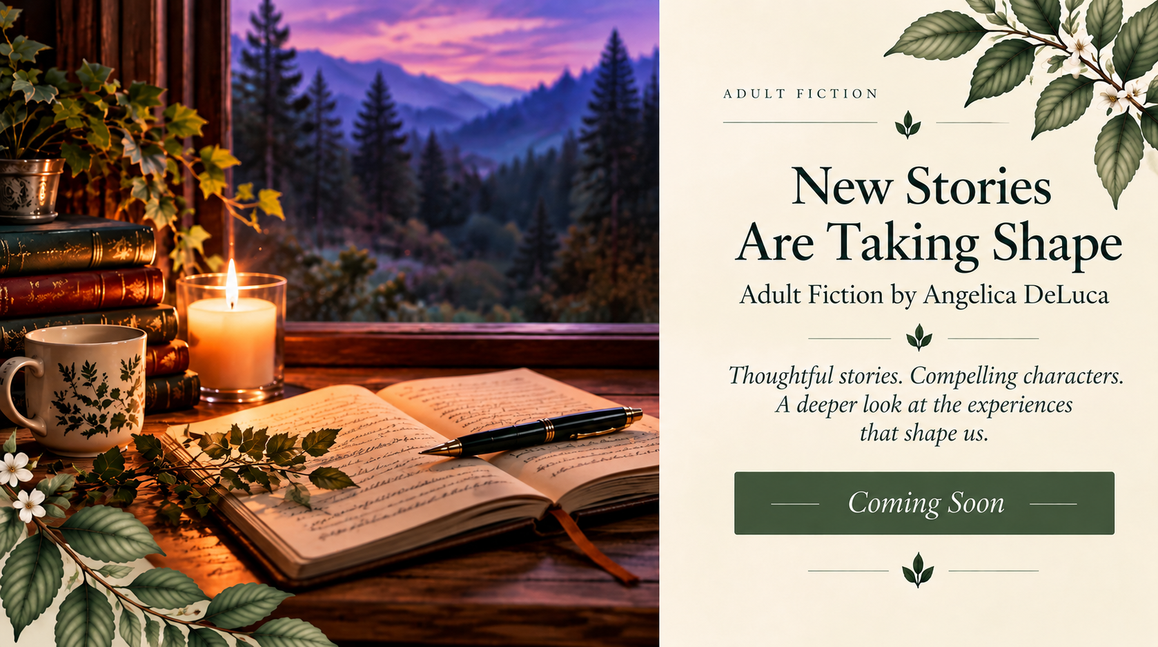Upcoming adult fiction by Angelica DeLuca at DeLuca Creative Studio, with new thoughtful stories and compelling characters coming soon.