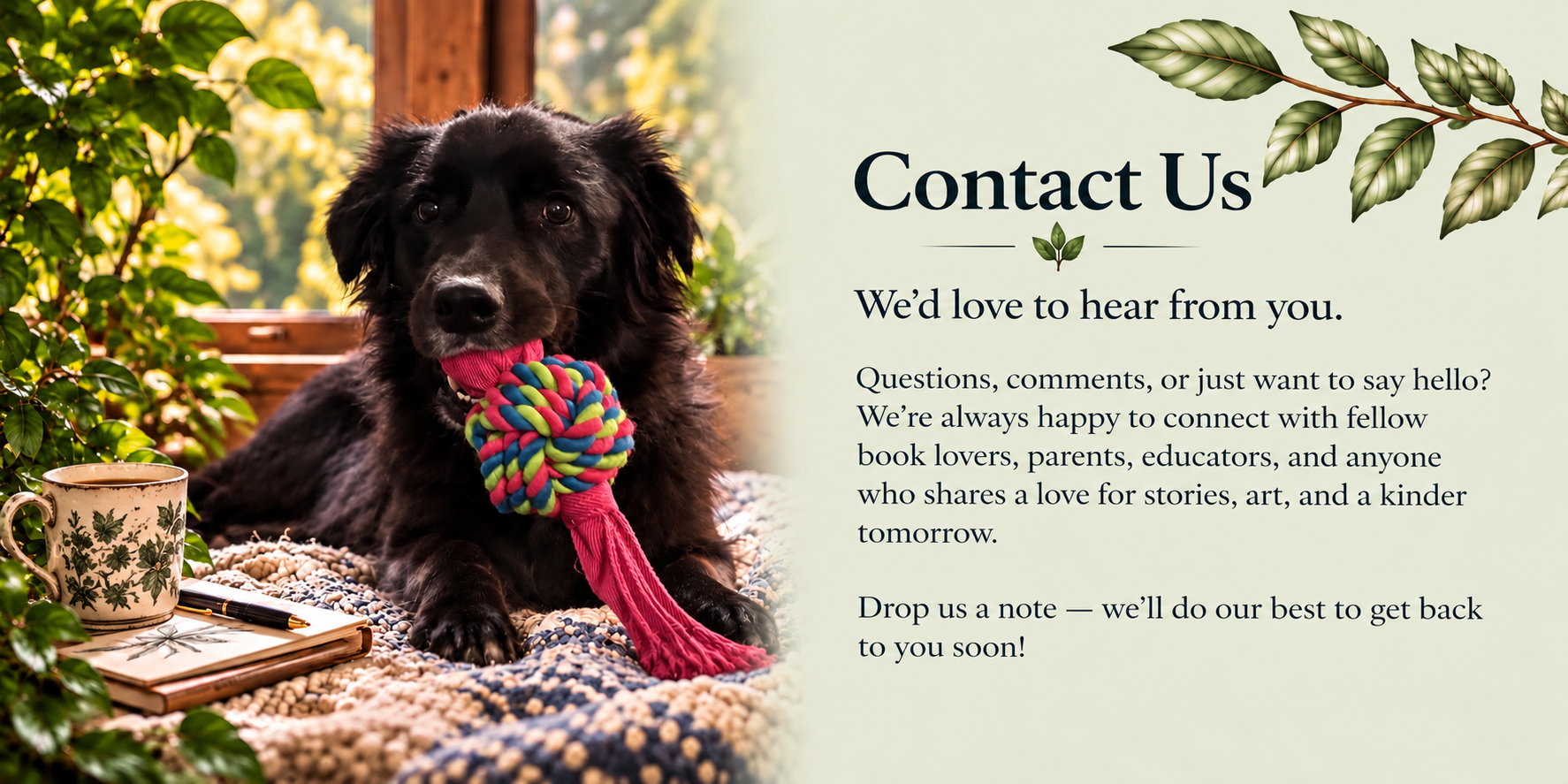 Contact DeLuca Creative Studio banner welcoming questions and comments, featuring a black dog with a colorful toy in a cozy creative workspace.
