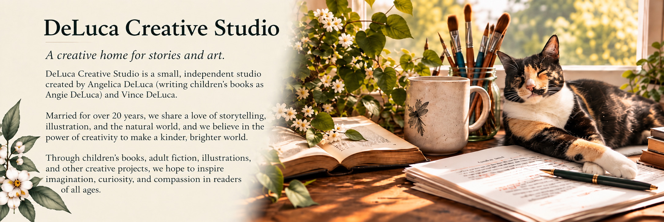 DeLuca Creative Studio creative workspace representing children's books, illustration, and storytelling, with an open book, writing materials, art supplies, and a cat.