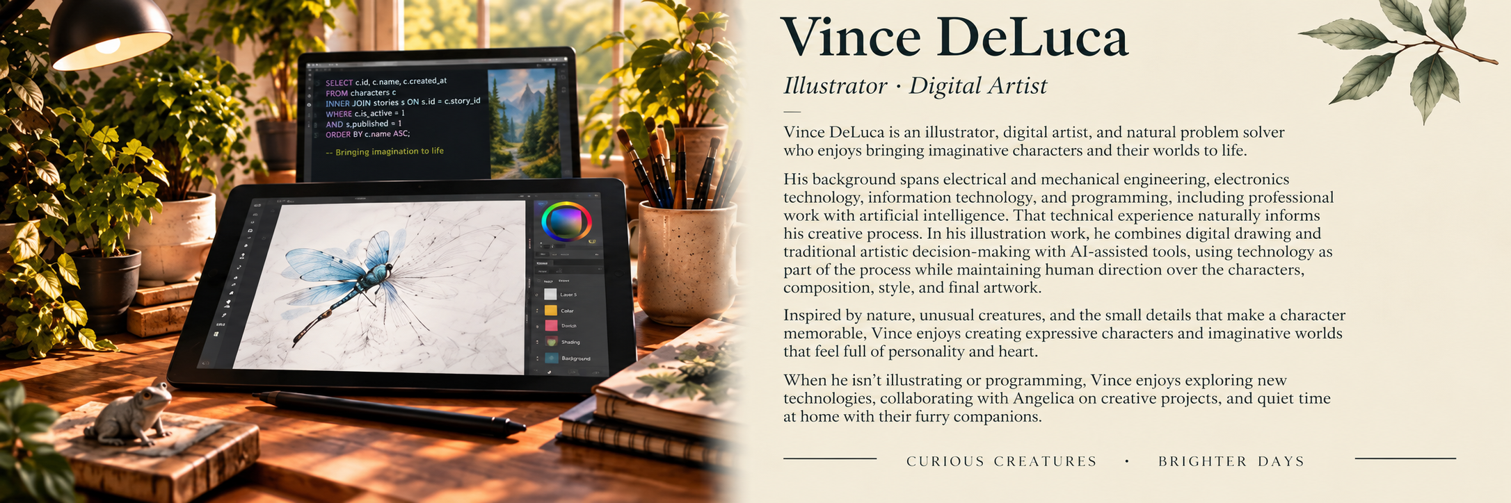 Illustrator Vince DeLuca of DeLuca Creative Studio, creating children's book illustrations with digital art, traditional creative skills, and AI-assisted tools.