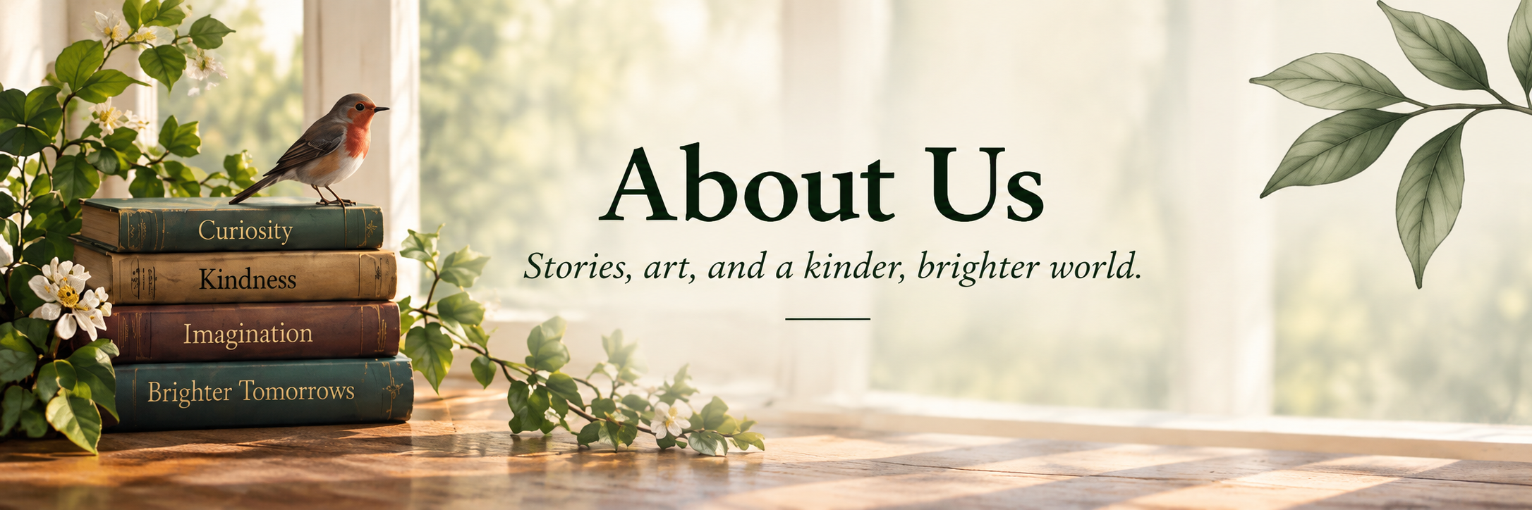 About DeLuca Creative Studio banner with vintage books representing curiosity, kindness, imagination, and a brighter world, surrounded by botanical details and a small bird.