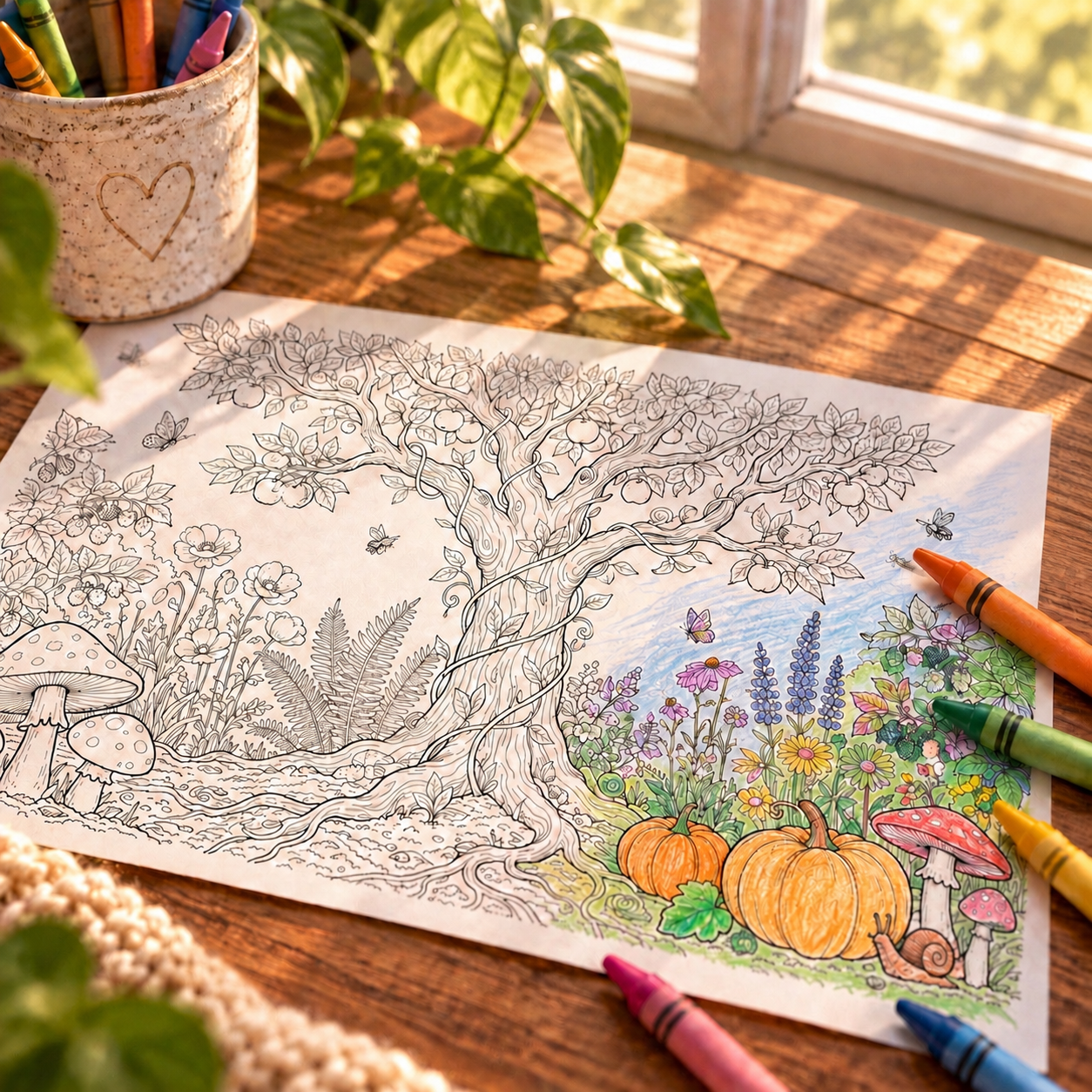 Nature-inspired coloring page for kids featuring a large tree, pumpkins, mushrooms, flowers, and insects, partially colored with crayons.