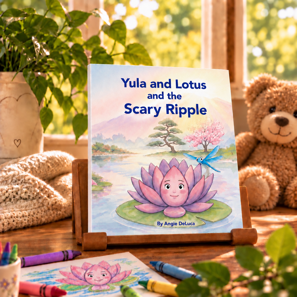 Children’s picture book Yula and Lotus and the Scary Ripple by Angie DeLuca, displayed on a wooden stand with an illustrated pink lotus character and art supplies.