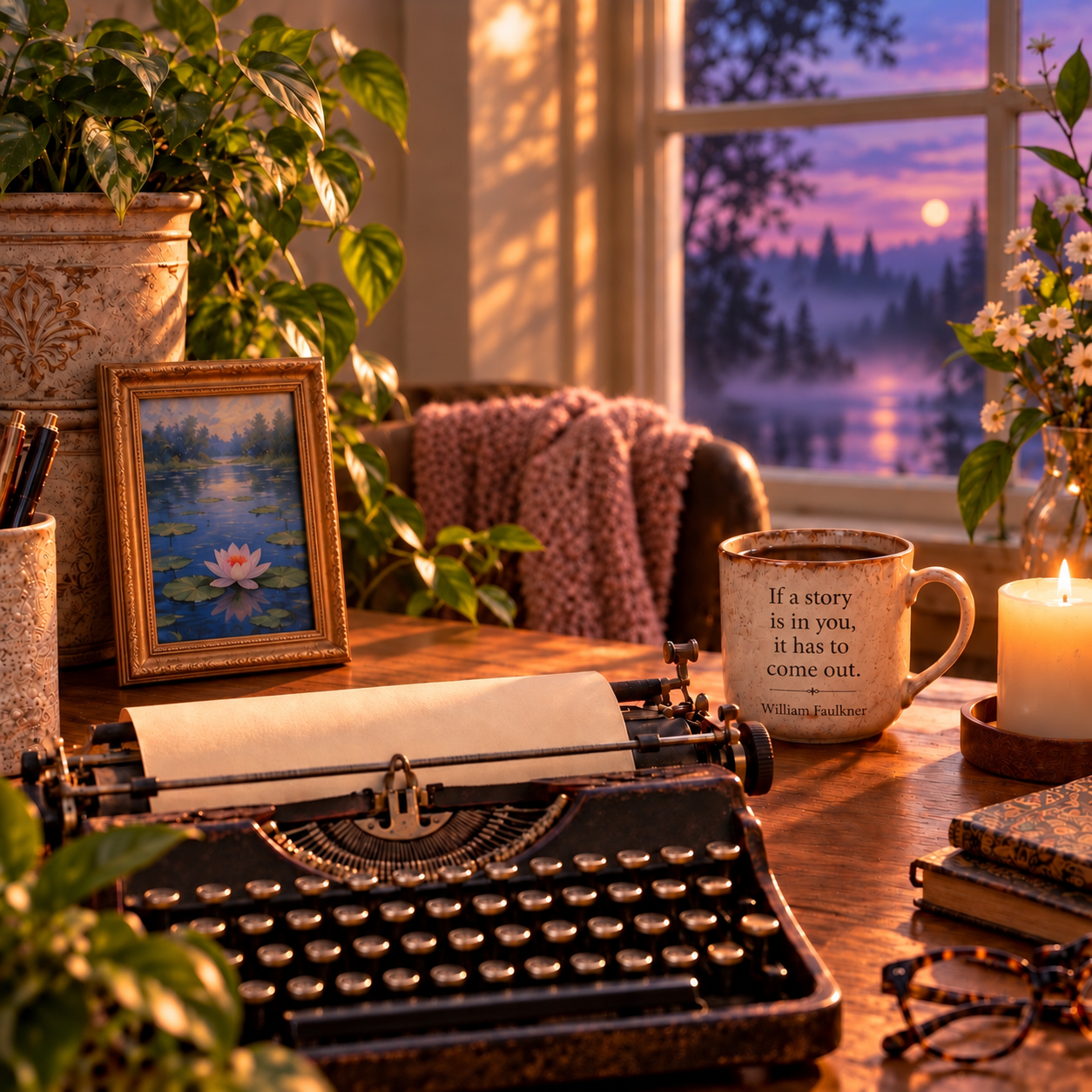 Adult fiction by Angelica DeLuca represented by a cozy writing desk with a vintage typewriter, candle, books, and a twilight view.
