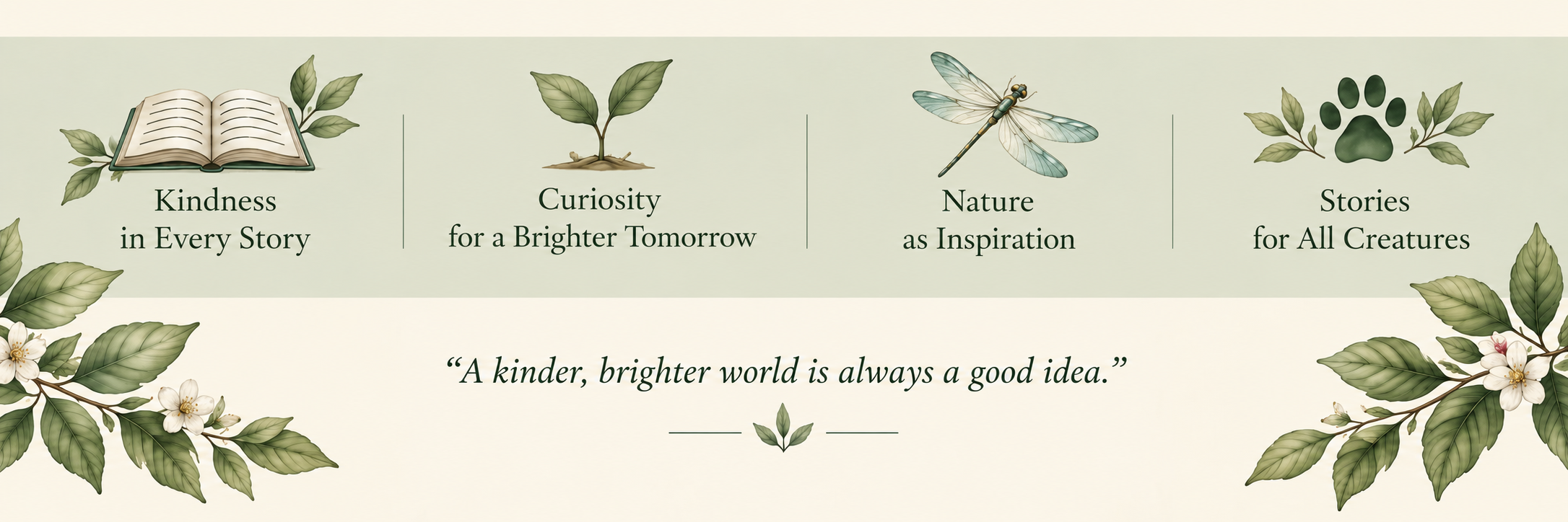 DeLuca Creative Studio values of kindness, curiosity, nature, and storytelling, with the message “A kinder, brighter world is always a good idea.”