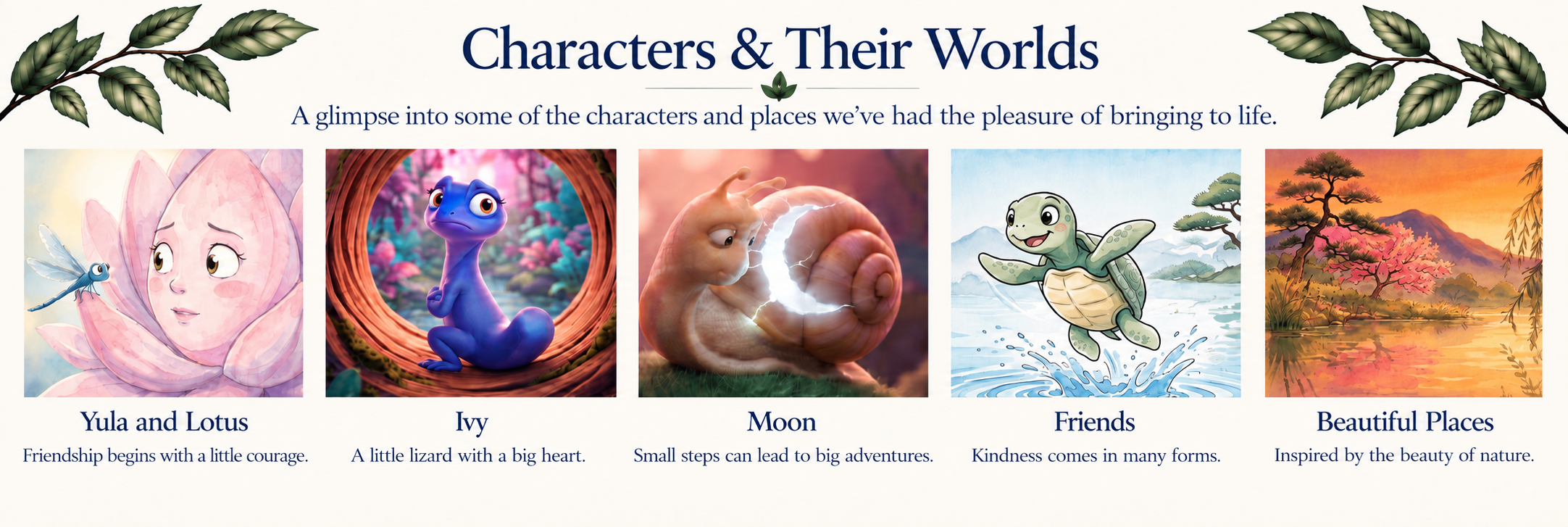 Children's book characters and story worlds illustrated by Vince DeLuca, featuring Yula and Lotus, Ivy the lizard, Moon the snail, animal friends, and nature-inspired settings.