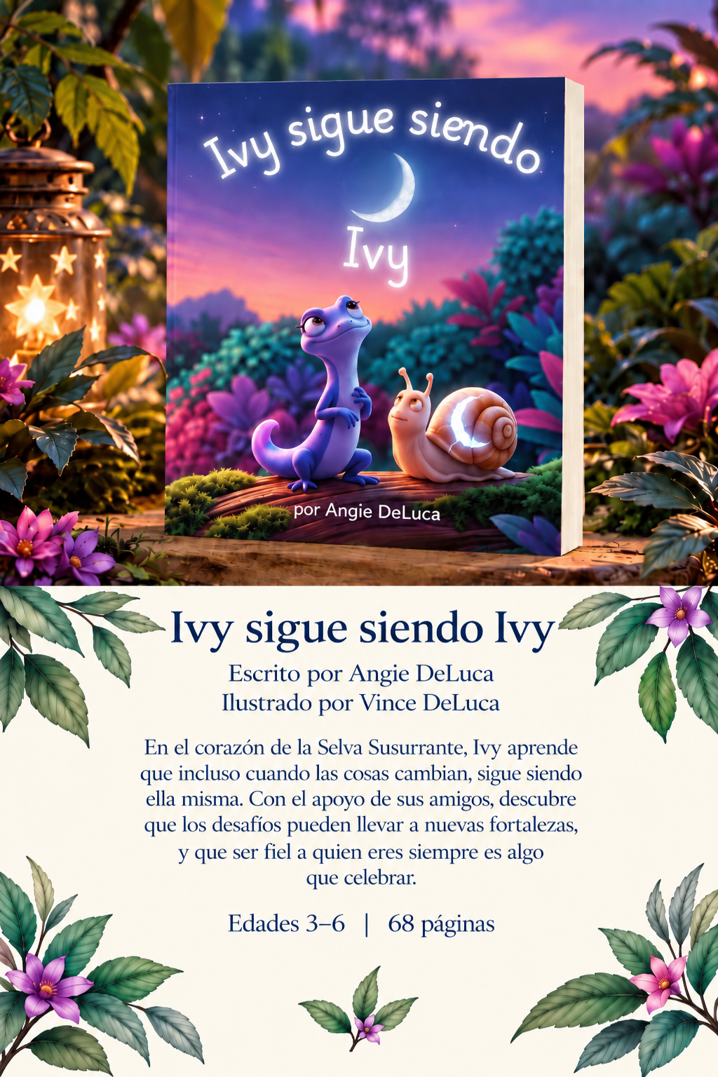 Libro infantil ilustrado Ivy sigue siendo Ivy de Angie DeLuca, con una lagartija azul y morada y un caracol en la colorida Selva Susurrante.