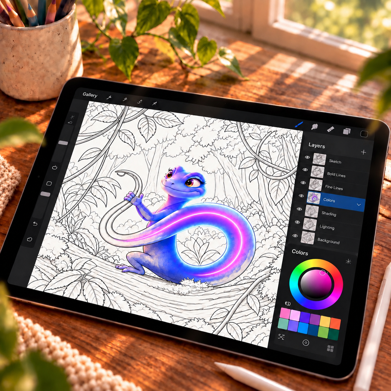 Digital children’s book illustration in progress on a tablet, showing a colorful lizard character being developed over a sketched jungle background.