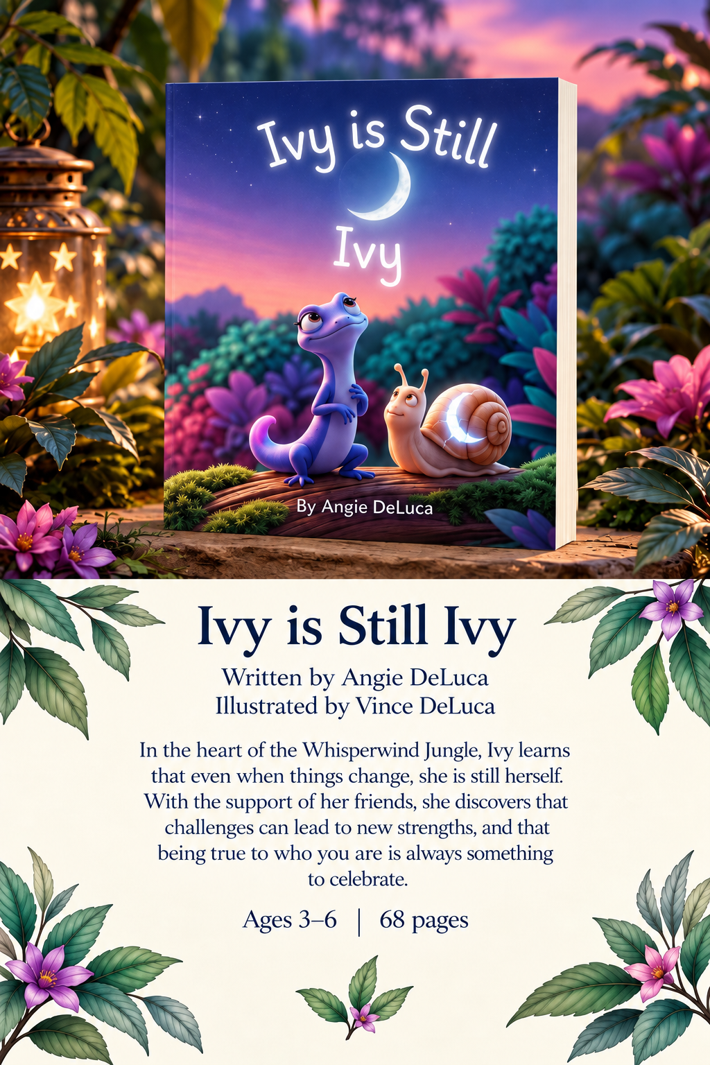 Children's picture book Ivy Is Still Ivy by Angie DeLuca, featuring an illustrated blue-purple lizard and snail in the colorful Whisperwind Jungle.