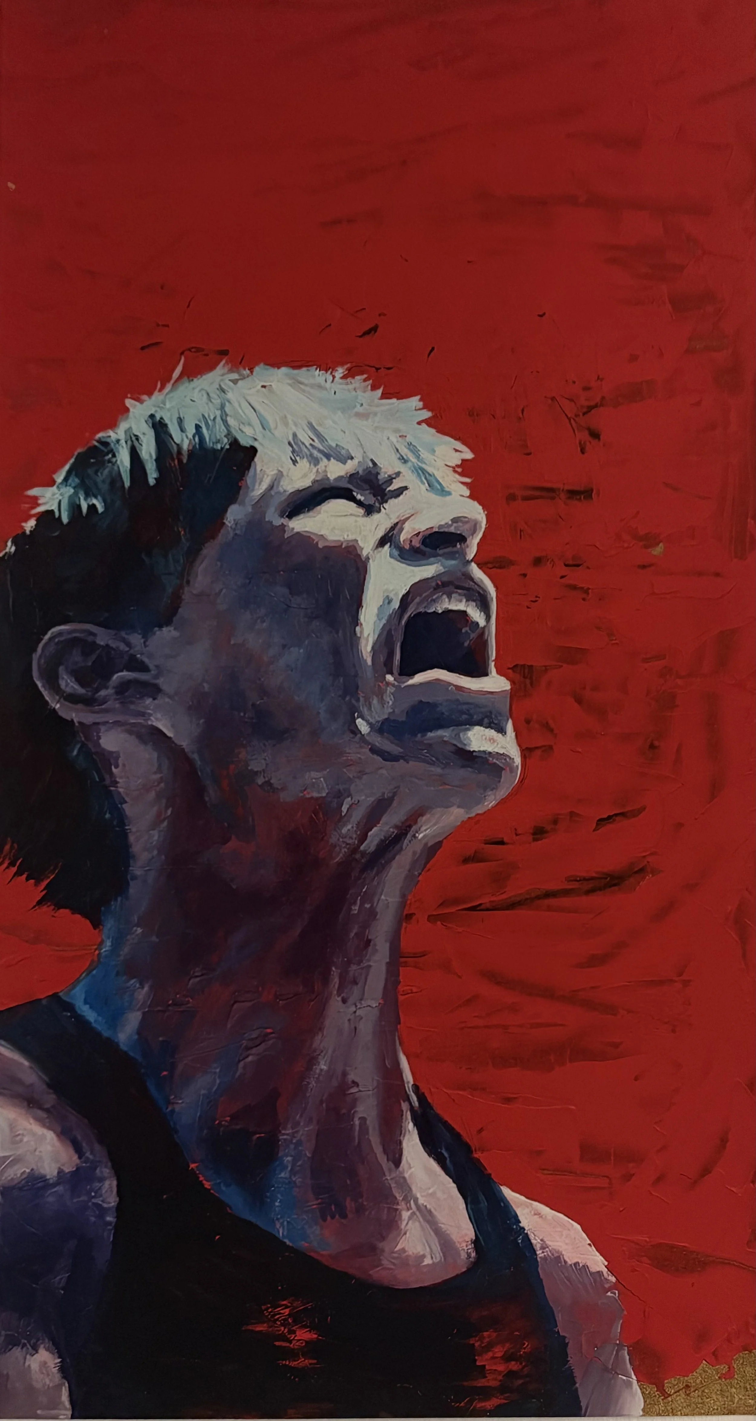 Abstract painting of a woman with light hair and a tank top, singing with her eyes closed against a red background.