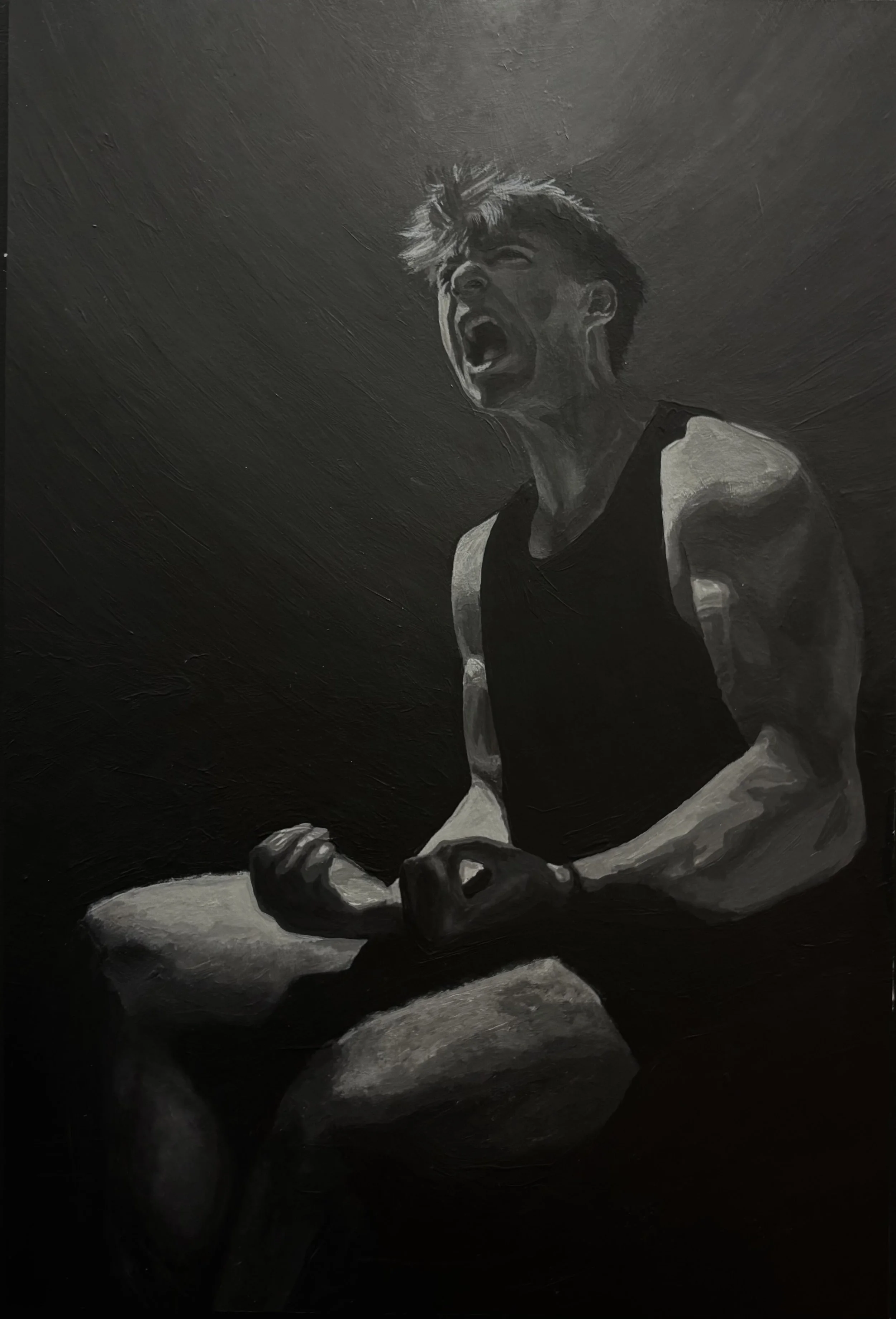 Black and white painting of a young man with messy hair and an intense, shouting expression, wearing a sleeveless shirt, with an arm resting on a rock.