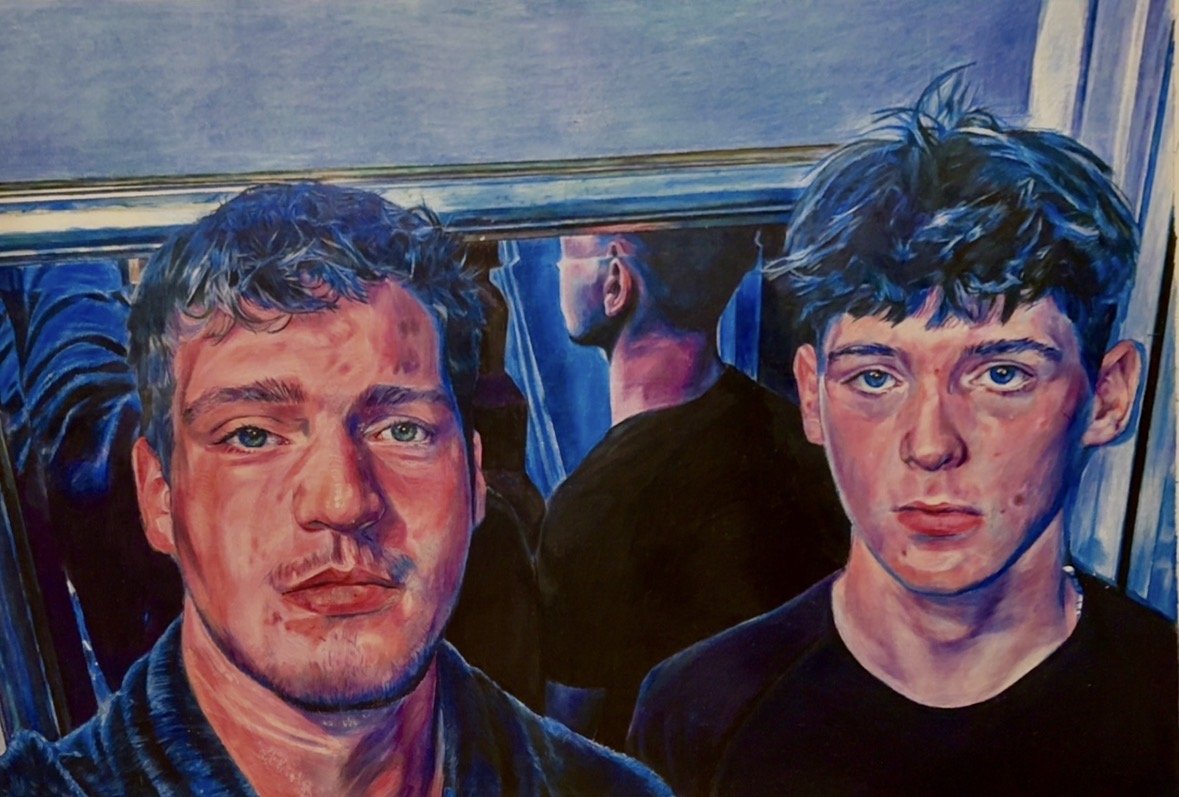 Painting of two young men with blue eyes and dark hair, one slightly older, in front of a mirror showing their reflection.