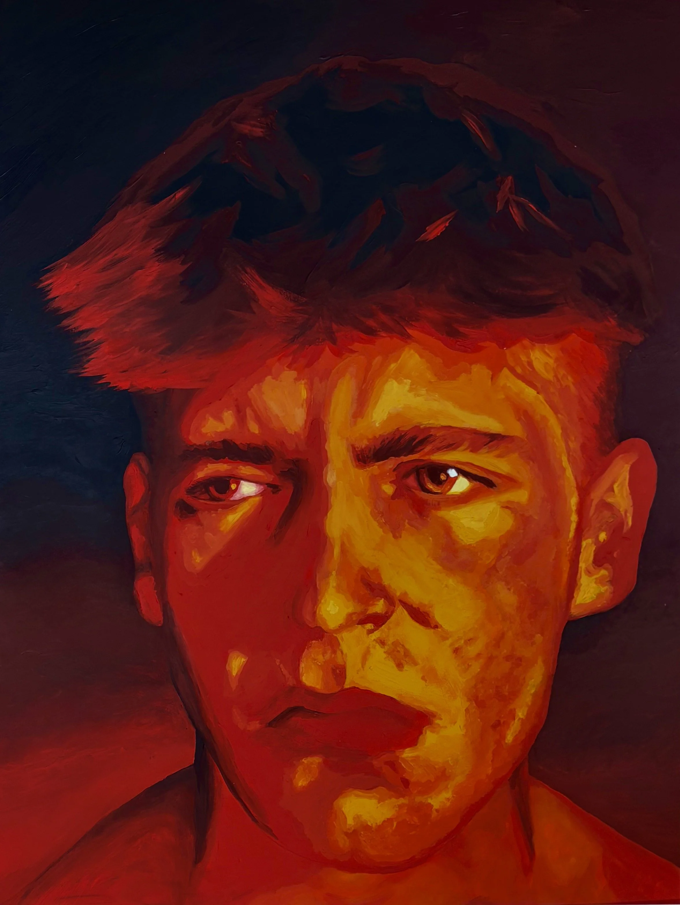 Painting of a young man with short dark hair, dramatic bright lighting on his face, and a dark background.
