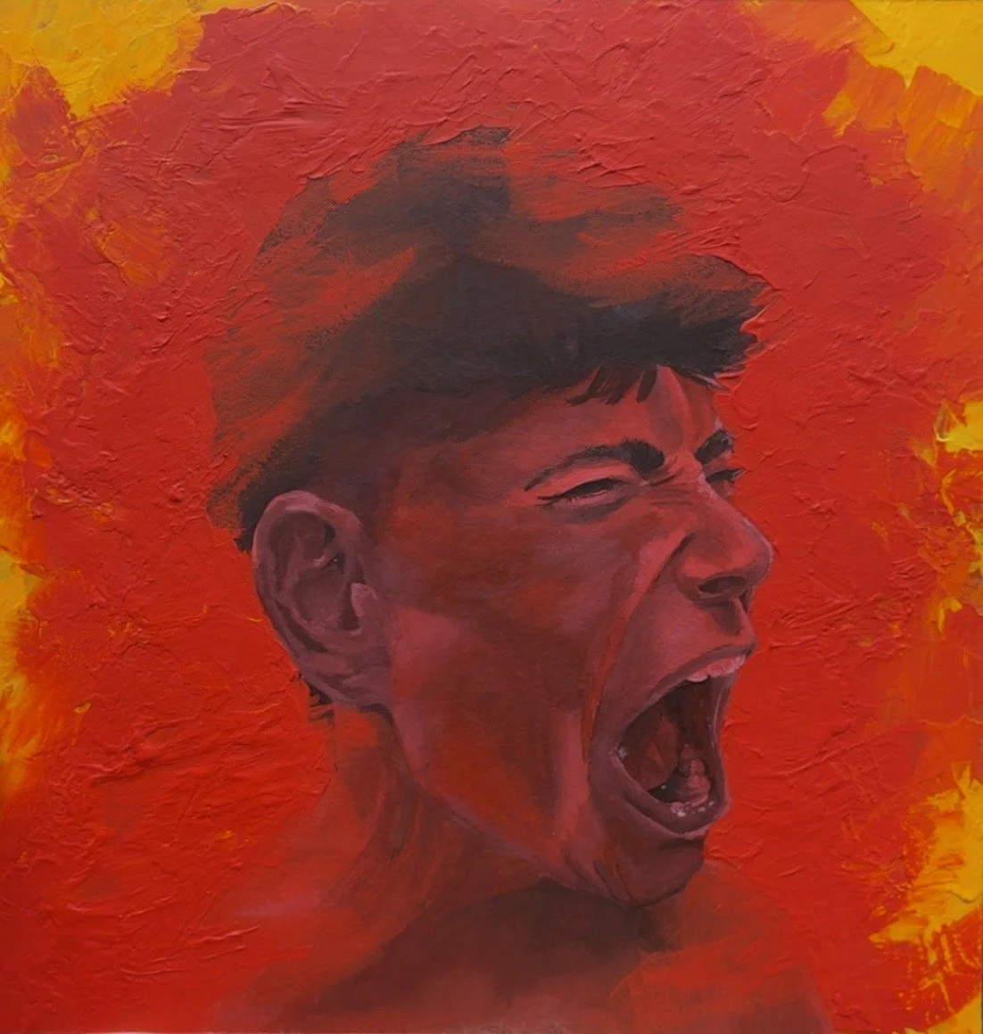 A painting of a young boy with spiky hair, shouting or yelling, with a fiery red and orange background.