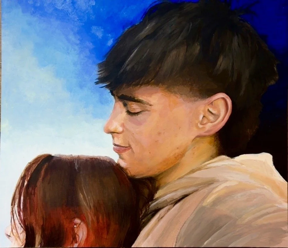 Painting of a young man with closed eyes hugging a young woman with long brown hair, both shown in profile against a vivid blue background.