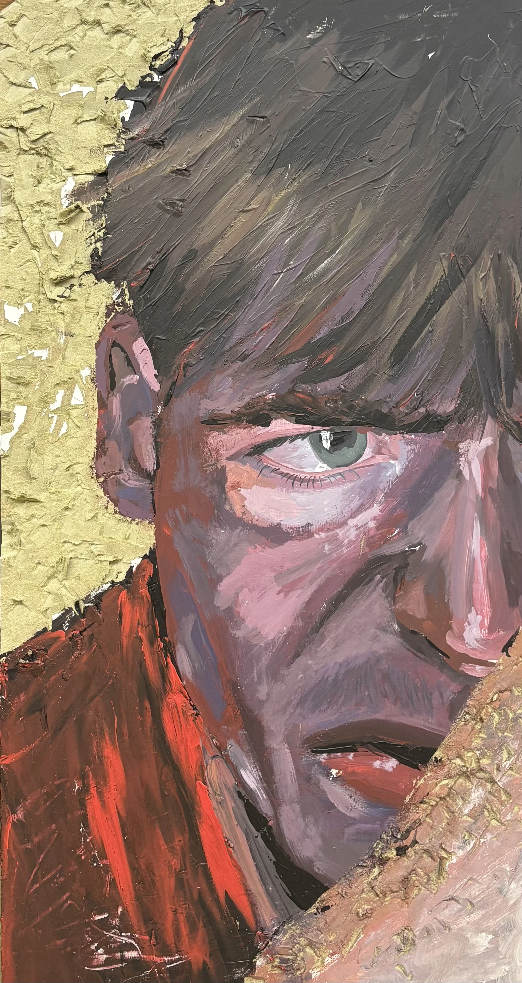A painting of a young woman with brown hair, green eyes, red jacket, and gold textured background.