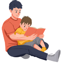 An adult and a child sitting together reading a book.