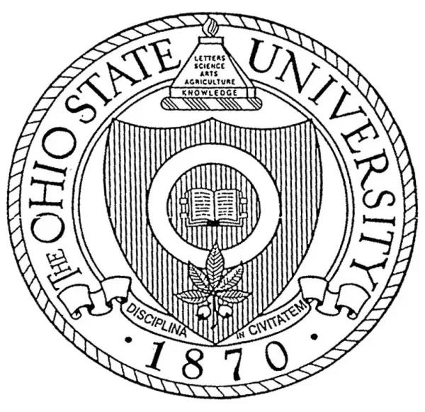 Seal of Ohio State University featuring a central shield with a book and a branch, surrounded by a ribbon with the motto 'Disciplina in Civitatem,' and the year 1870 at the bottom.