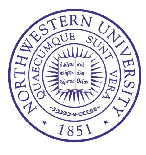 Seal of Northwestern University featuring an open book with Greek text and the university's founding year, 1851.