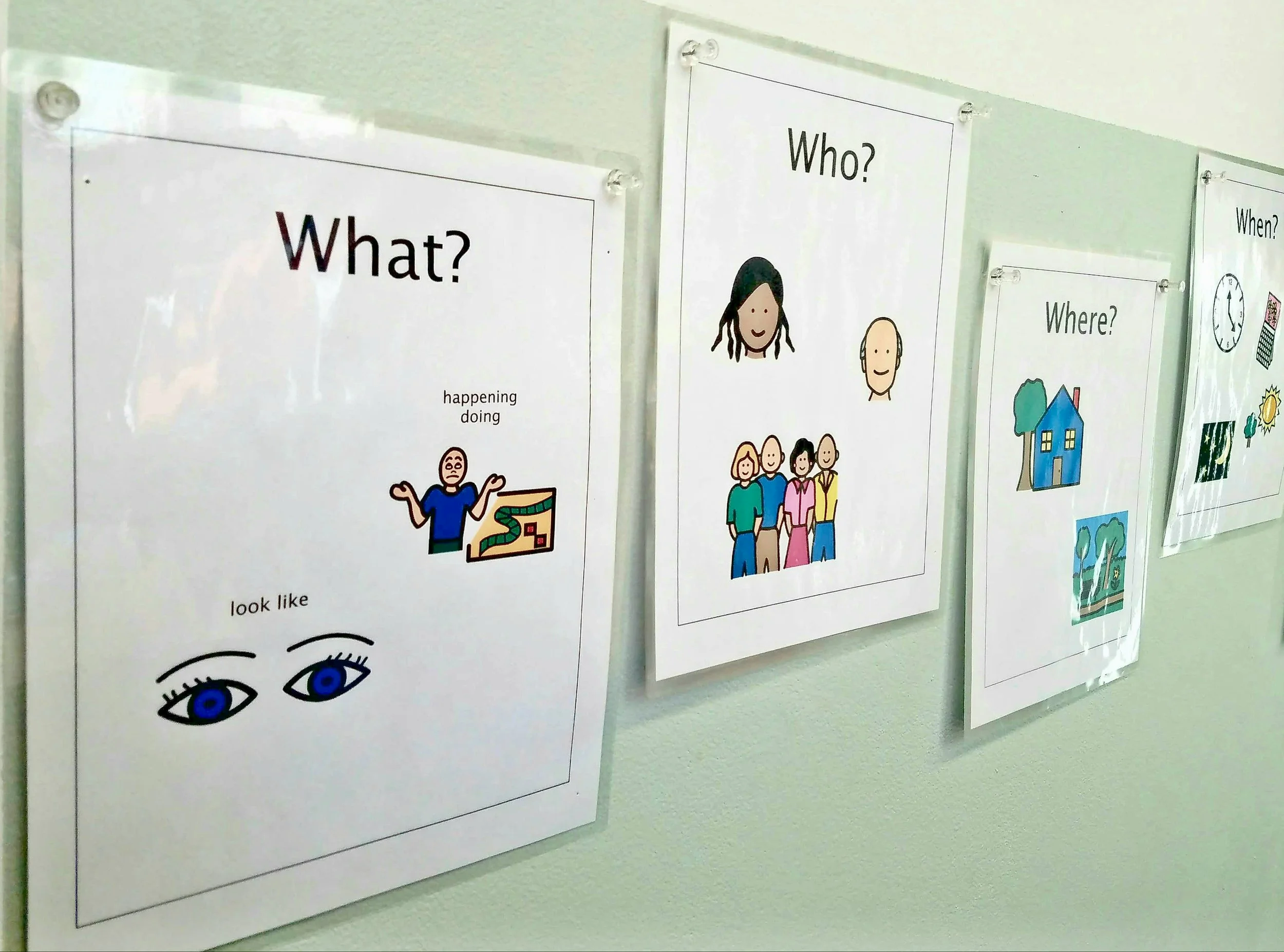 Educational posters on a wall with questions like 'What?', 'Who?', and 'Where?', featuring illustrations of eyes, people, and a house.