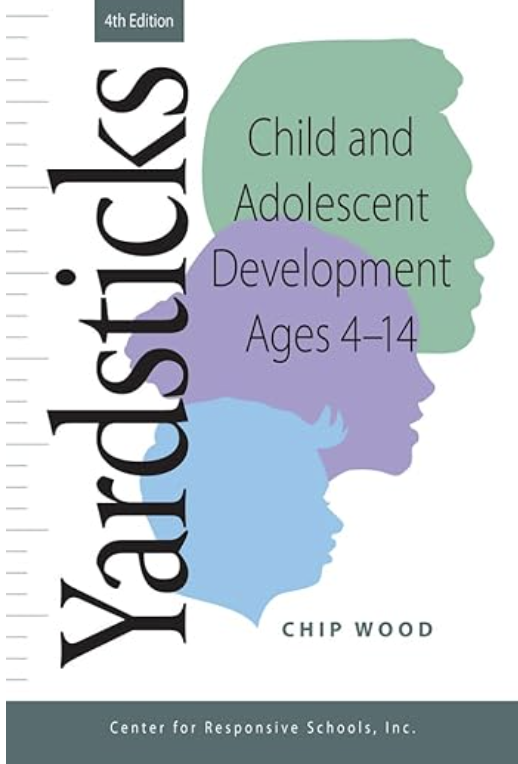 Book cover titled 'Child and Adolescent Development Ages 4-14' by Chip Wood, 4th edition, published by Center for Responsive Schools, Inc. Features silhouettes of a young girl and boy's profiles in green, purple, and blue.