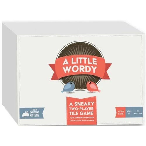 Box of the game 'A Little Wordy,' a two-player tile game for ages 7 and up featuring cartoon birds.