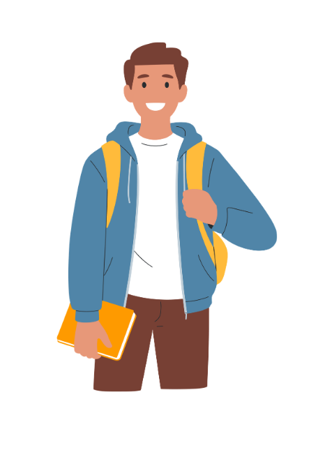 Cartoon of a smiling young man with brown hair carrying a yellow backpack and holding a book, wearing a blue jacket, white shirt, and brown shorts.