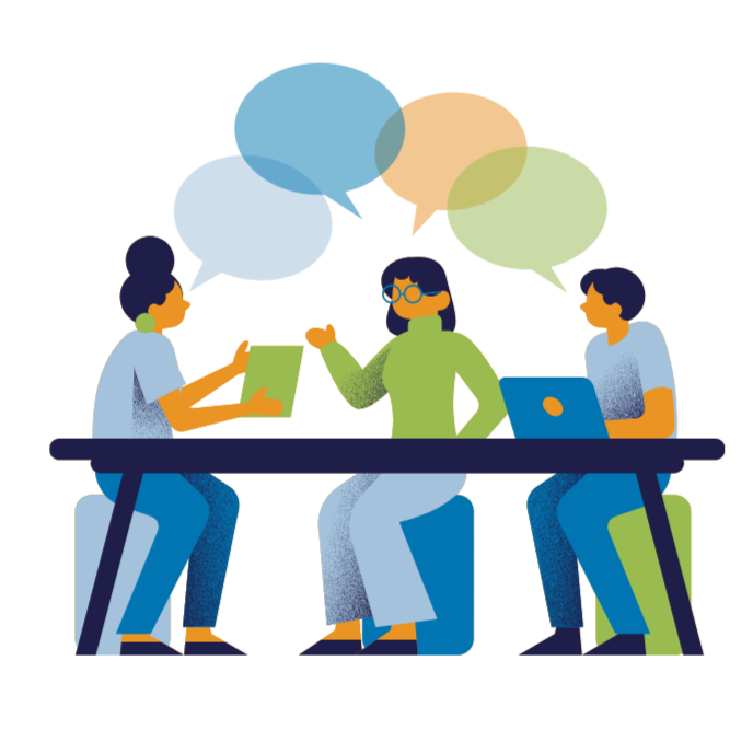 Three people sitting around a table in a meeting, with speech bubbles above them indicating conversation.