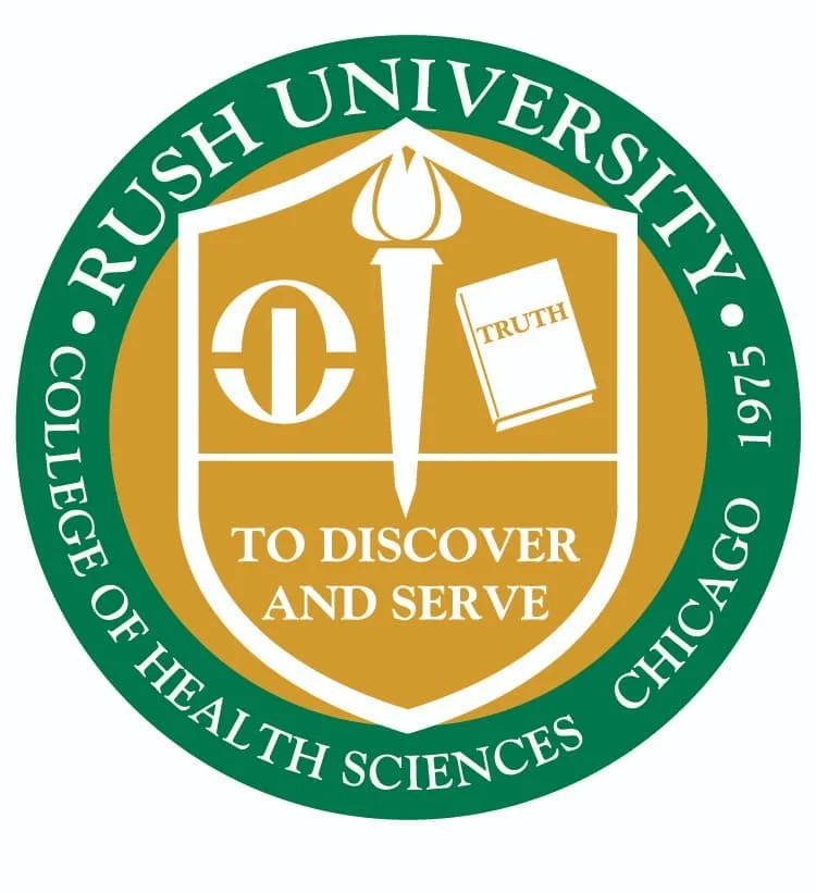 The emblem of Rush University College of Health Sciences featuring a shield with a torch, a book labeled 'TRUTH', and a caduceus, with the text 'TO DISCOVER AND SERVE' and surrounding green circle with white text 'RUSH UNIVERSITY COLLEGE OF HEALTH SCIENCES CHICAGO 1955'.