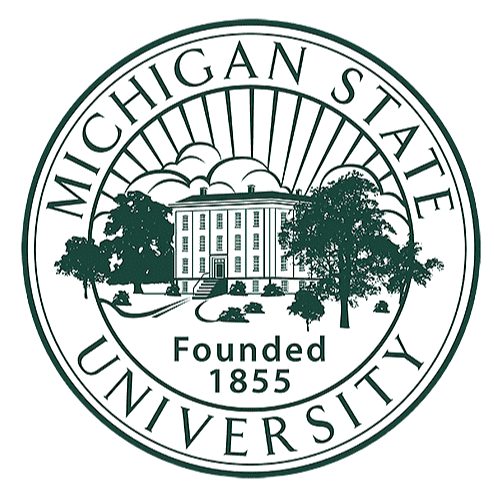 Seal of Michigan State University featuring a building, trees, and the text "Founded 1855"