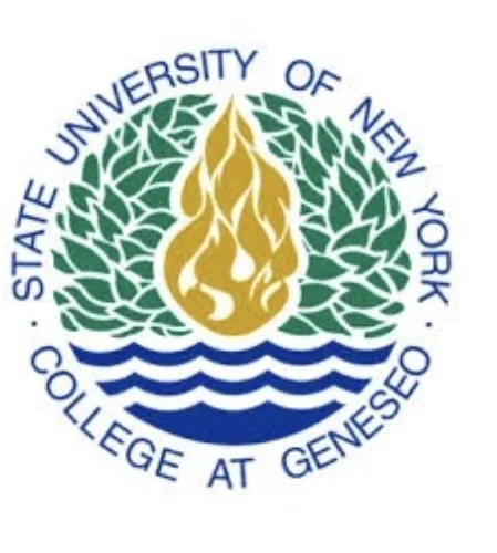 Logo of the State University of New York College at Geneseo, featuring a gold flame with green leaves and blue waves.