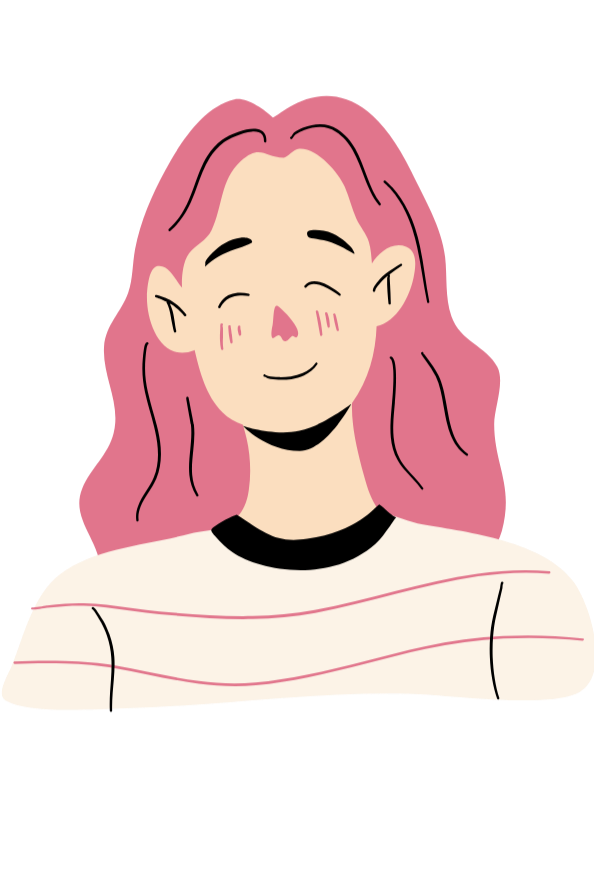 A cartoon illustration of a girl with pink hair smiling with eyes closed and blushing. She is wearing a striped shirt with a black collar.