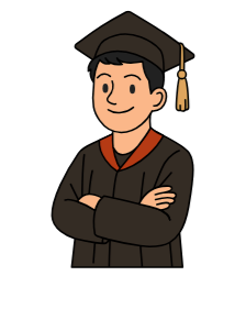 Cartoon of a young man in a graduation cap and gown, smiling with arms crossed.