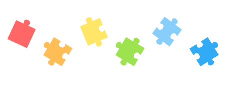 Six colorful jigsaw puzzle pieces scattered on a black background.