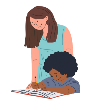 A woman assisting a young boy with homework at a desk.