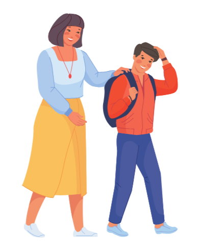 A woman and a boy walk together, with the woman gently placing her hand on the boy's shoulder. The boy carries a backpack and is dressed casually, while the woman is wearing a light blue top and a yellow skirt.