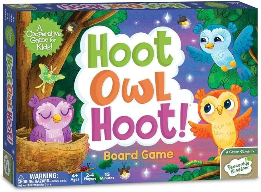 Box for the children's cooperative board game 'Hoot Owl Hoot!' featuring cartoon owls and a tree in a colorful, illustrated forest scene.