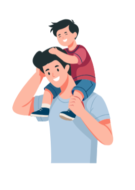 A person with short dark hair and a light blue shirt carrying a smiling boy with dark hair on his shoulders, who is touching his head and wearing a pink shirt and blue pants, sitting on a red bench.