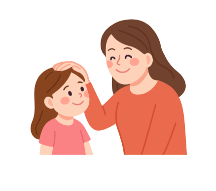 A woman gently touching a young girl's head in a caring gesture, both smiling warmly.