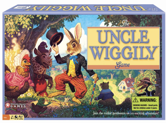 The Uncle Wiggily game box features cartoon animals dressed in clothing, with a bunny in a suit and top hat, standing in a countryside scene with trees and houses.