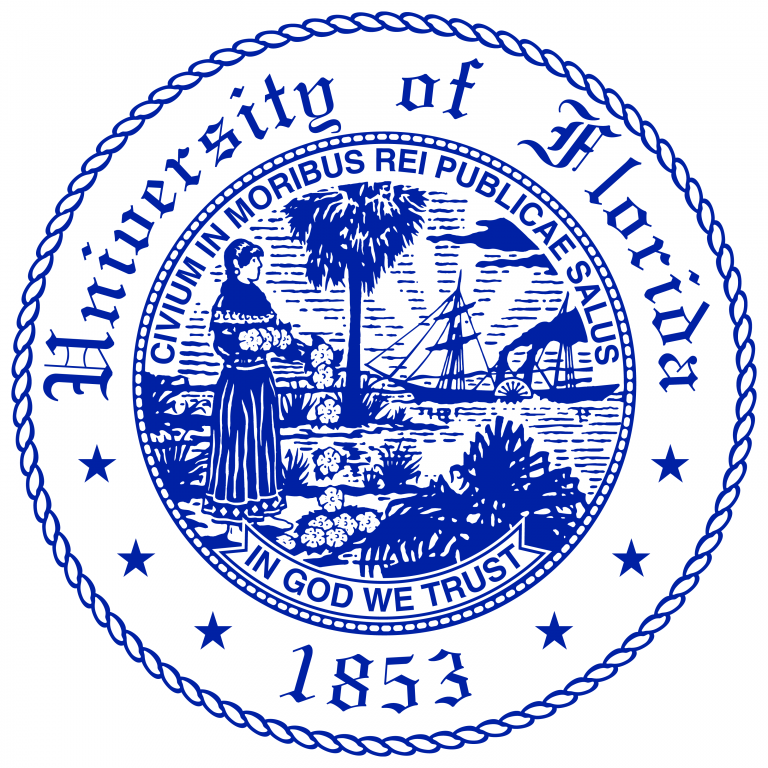 Seal of the State of Florida featuring a woman, a palm tree, a sailboat, a steam locomotive, and a river, with the inscriptions "University of Florida," "In God We Trust," and "1853."