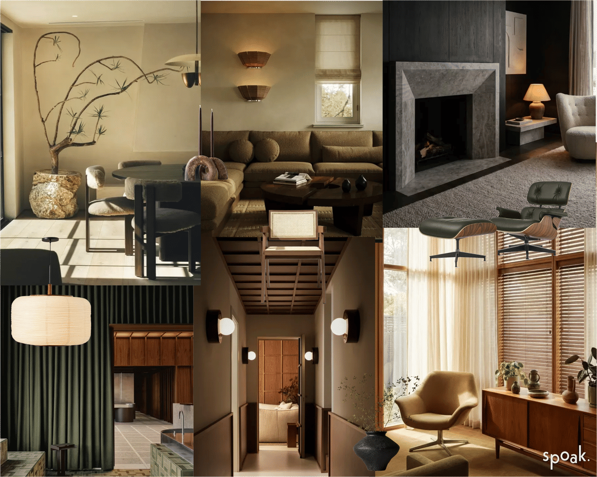 Collage of modern interior living rooms and spaces with neutral tones, wood accents, and minimalist decor, including a fireplace, seating areas, a hallway, and a dining nook.