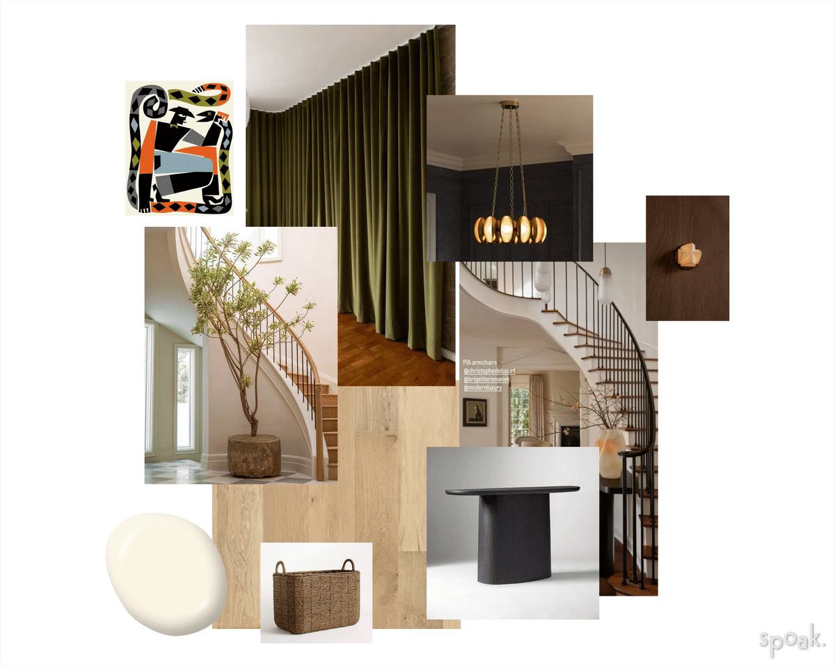 Collage of interior home decor items including green curtains, spiral staircase, modern chandelier, abstract art, potted plant, wooden furniture, and textured wall knob.