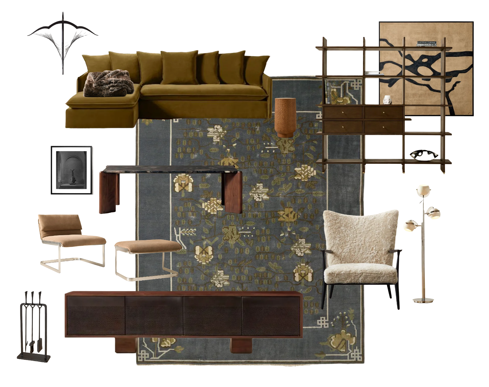 layered mood board with green sofa blue persian rug and mid century accents
