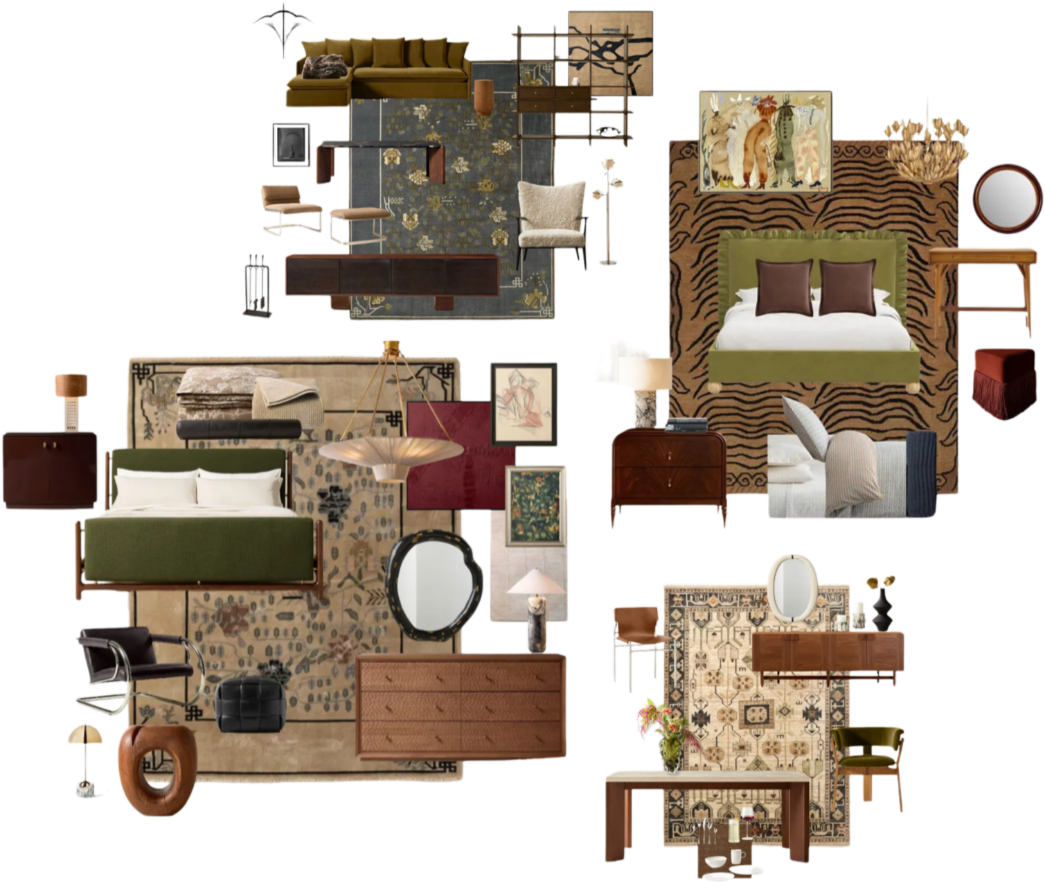 Overlay of various interior design furniture and decor items including beds, rugs, tables, chairs, lamps, paintings, and decorative objects.